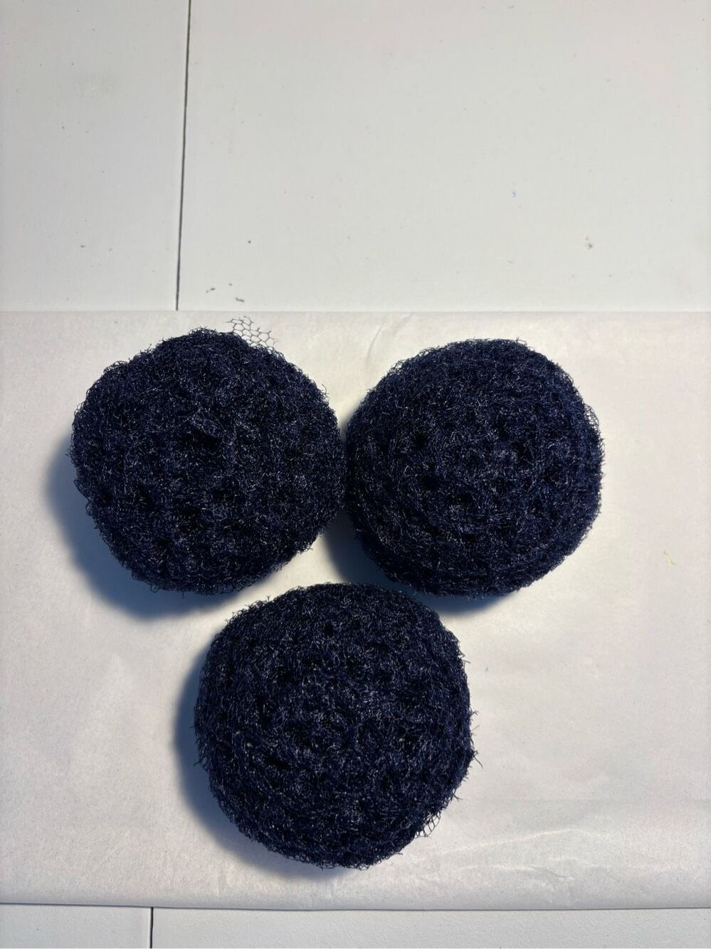 3 Handmade crocheted dish scrubbies made with premium nylon netting (navy blue)